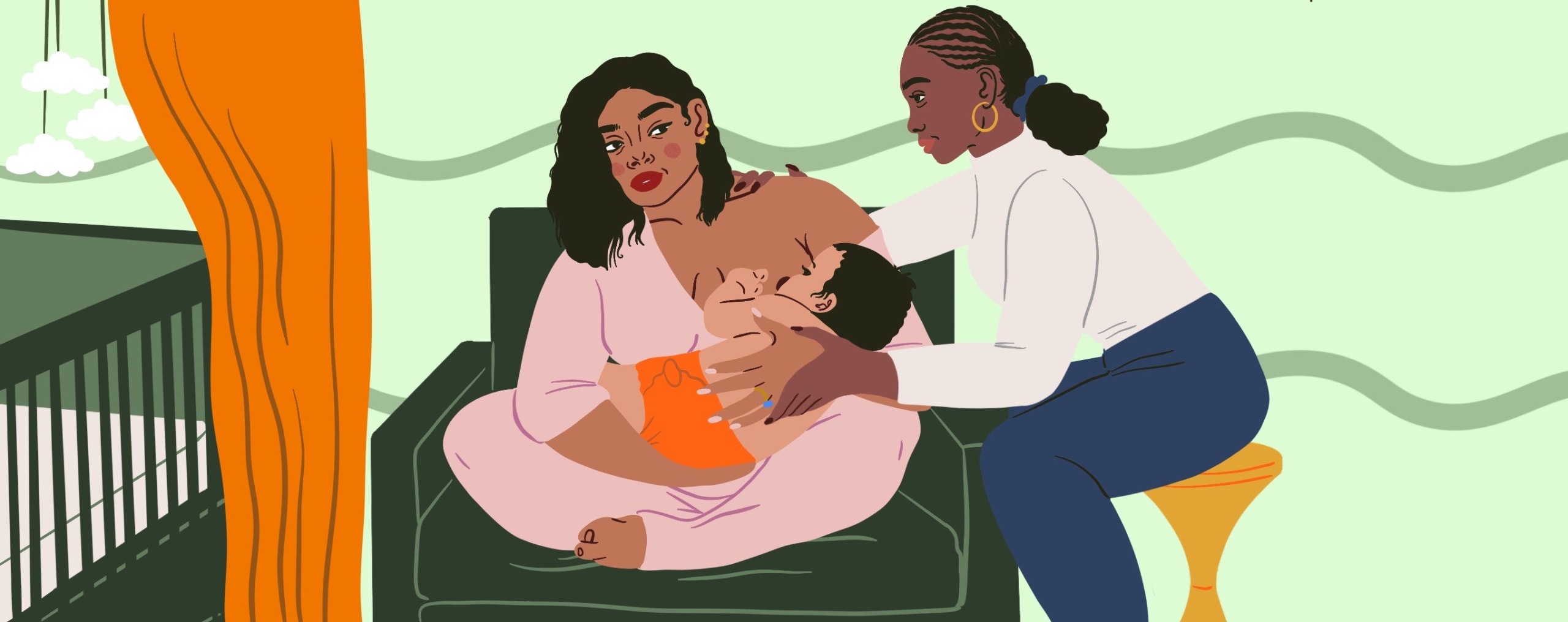 An illustration of an International Board Certified Lactation Consultant assisting a parent in breastfeeding, emphasizing lactation support and care.